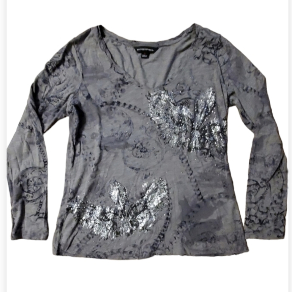 Rock & Republic Womans Long Sleeve Gray and Silver Studded Shirt‎ Size Medium